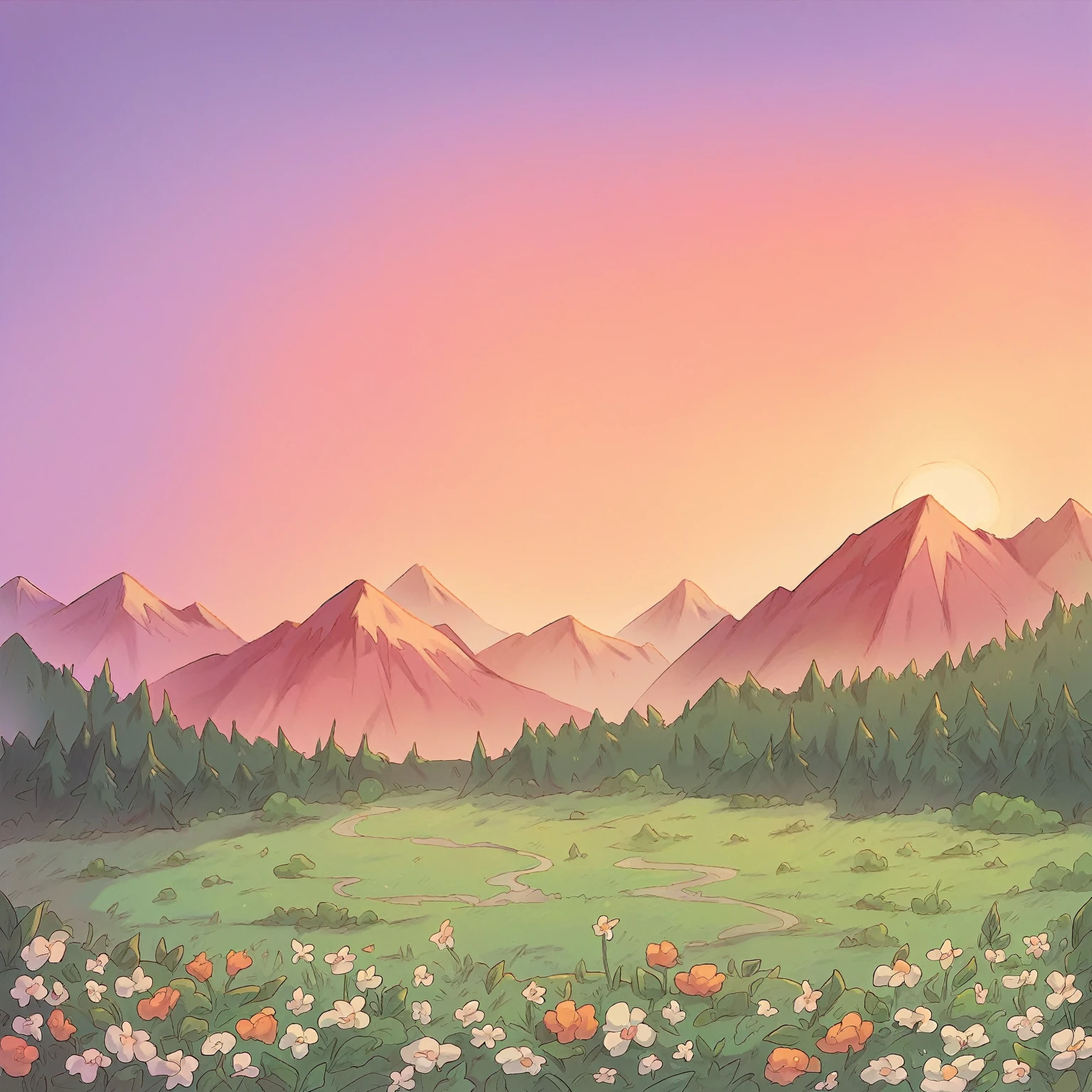 A beautiful sunset over a mountain surrounded by a forest and a field 