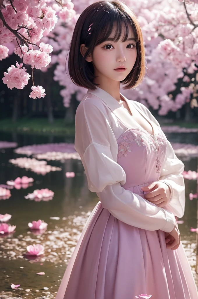 This image contains、 Girl with a bob It depicts a beautiful Japanese girl surrounded by a fantastic background..。The background is filled with pale pink and purple light..、An atmosphere is created, that makes you feel like you're in a dream..。Beautiful girl wears a thin white outfit..、The suit reflects light and shines..。THATнкость костюма красиво подчеркивает линии тела..、This further enhances the fantastic atmosphere..。girl has brown hair beautiful girl has pink hair、Spreads softly、It shines with light。Her pose is elegant、She leans forward slightly and looks at me..、She has a soft and seductive look。
Like photographic technique、The contrast of light and shadow is very realistic..、The texture of clothing and hair in particular is depicted in great detail...。background lighting effects、THAT, as the petals fall down, also shown in great detail..、general, fantastic and beautiful scene completed.。Vertical composition highlights a beautiful girl.'Figure.、Fantastic light in the background creates a super realistic picture., photorealistic texture.。