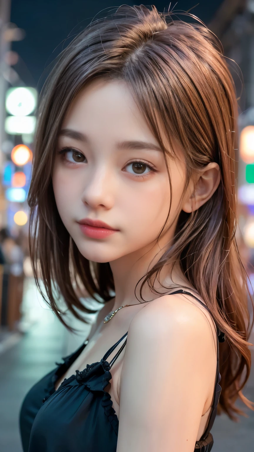 1 girl, Tokyo Street,night, Streetscape,City lights,Upper Body,close,smile, (32k, RAW Photos, highest quality, masterpiece:1.2),(Realistic, photo-Realistic:1.37),