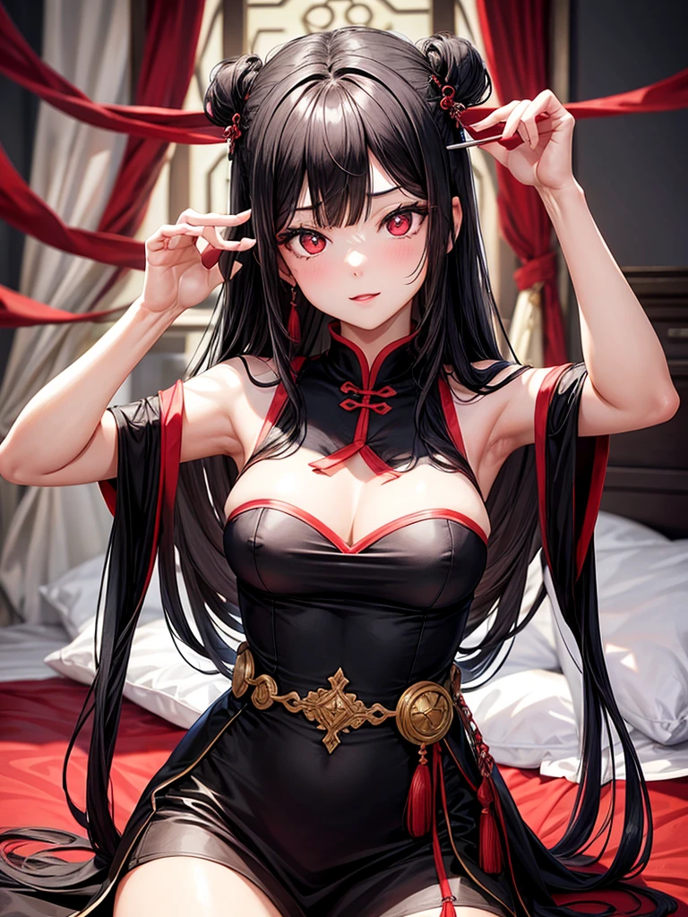brunette girl, black hair, black chinese dress, pose sexy, showing armpits, red eyes, in a white bed, with innocent face, beautiful