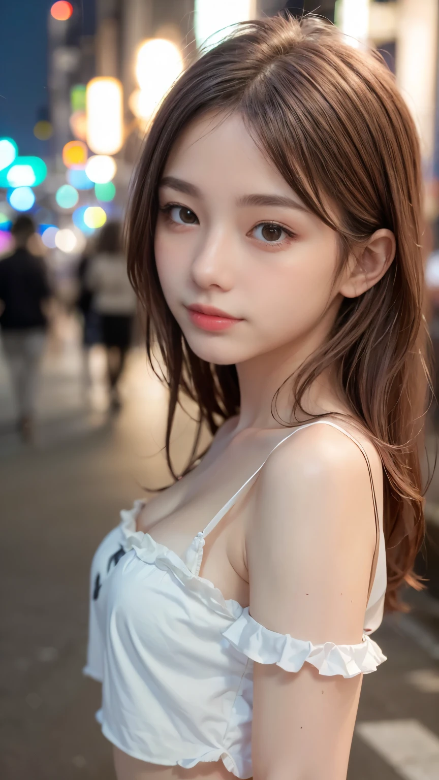 1 girl, Tokyo Street,night, Streetscape,City lights,Upper Body,close,smile, (32k, RAW Photos, highest quality, masterpiece:1.2),(Realistic, photo-Realistic:1.37),