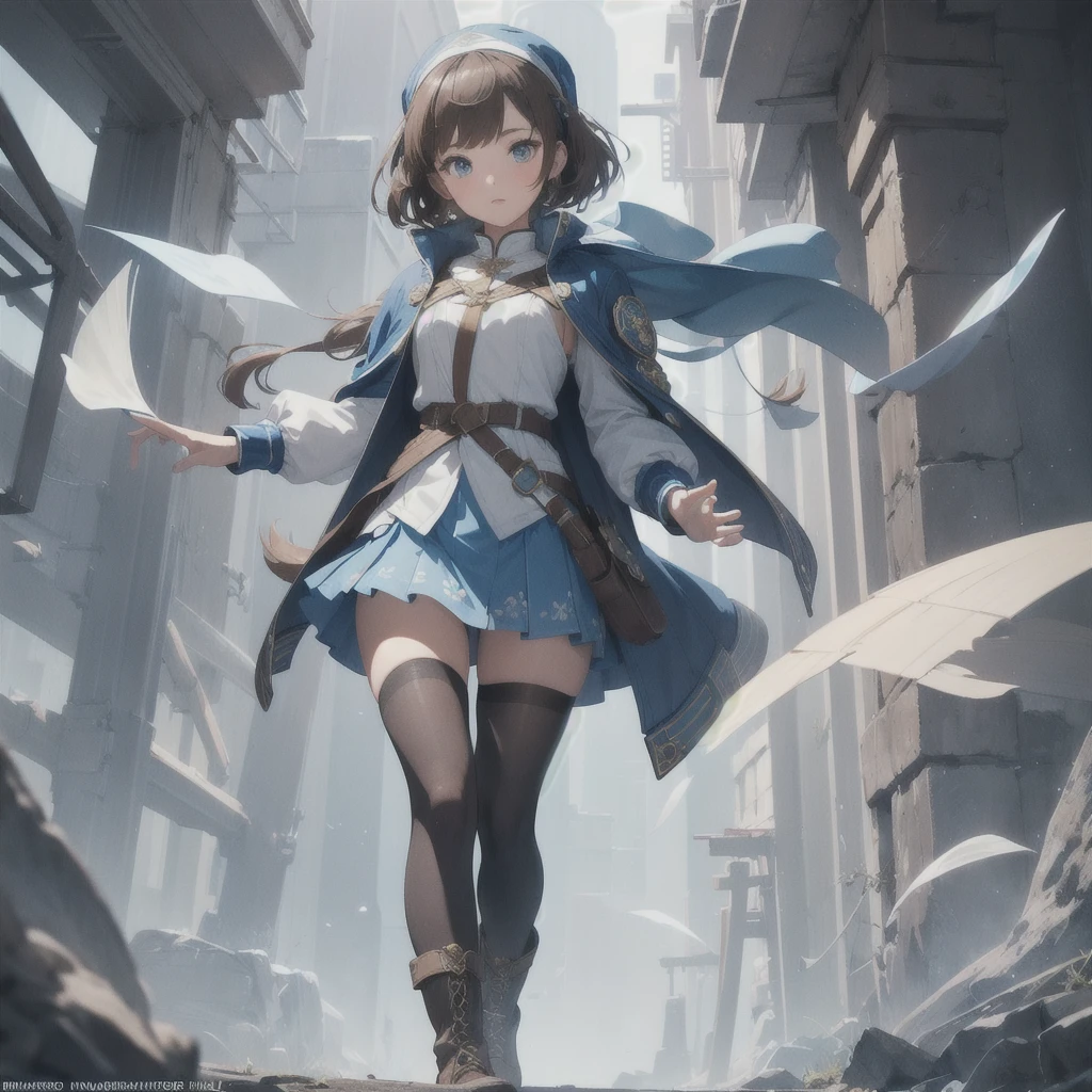 ((One girl, alone, Brown Shortcut), Full Body,Very detailed,Very delicate,((masterpiece)), Beautiful face and eyes),A wizard-style tunic in blue and white.,A blue mini skirt following the jacket,tights,head band,Wristband,boots