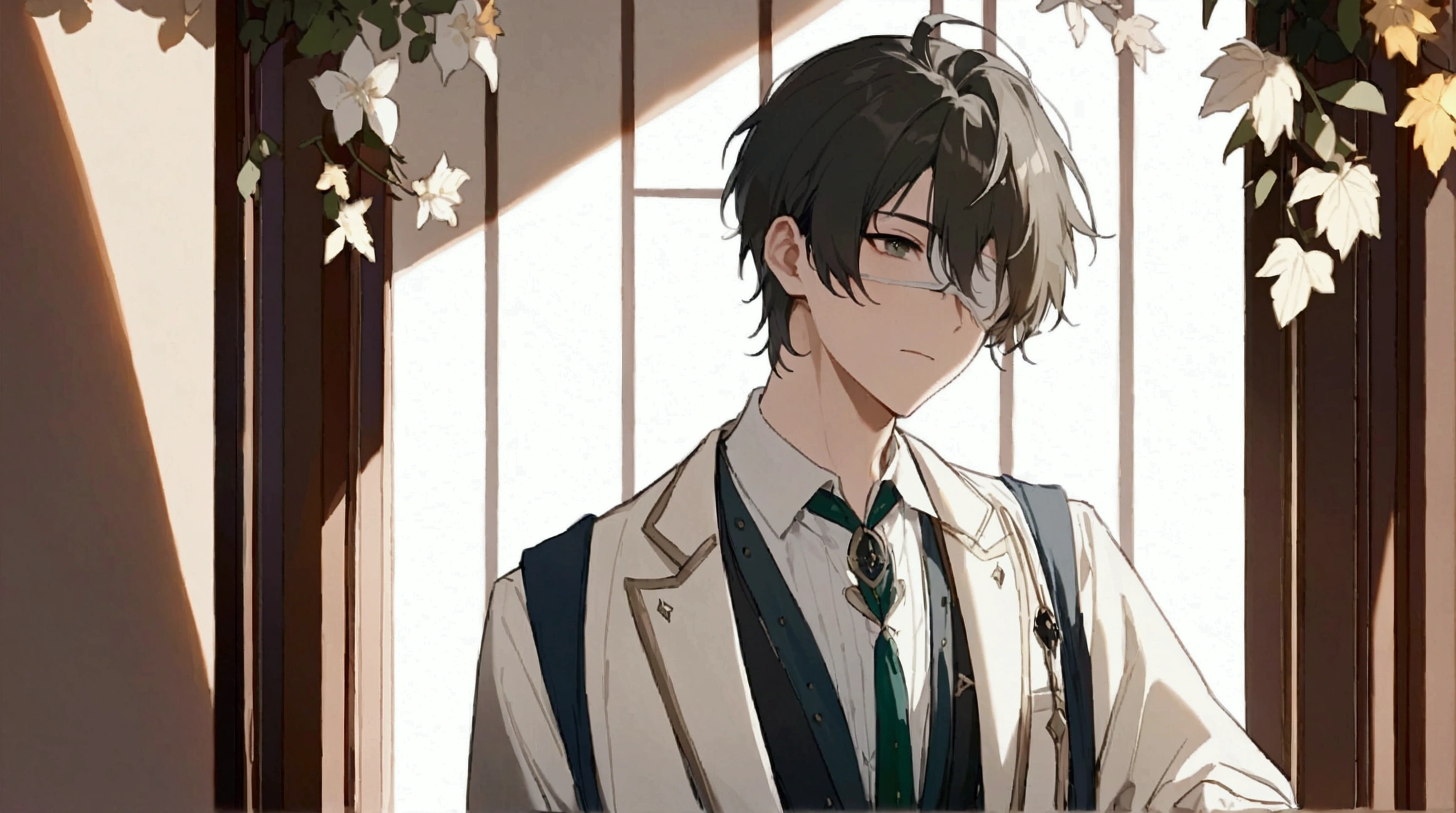 A young manhwa boy with skin white as milk, exuding an ethereal glow. He is dressed in a pristine white suit with elegant details, like a fitted jacket and pants. His eyes are covered with a white blindfold, hinting at hidden powers and adding an air of mystery. His hair is perfectly styled, soft and slightly tousled, framing his handsome face. He possesses the captivating looks of a K-pop idol, with a chiseled jawline and a serene, almost otherworldly expression. The background should be a soft, blurred gradient, perhaps with subtle hints of light and shadow to accentuate his striking appearance without detracting from his figure."