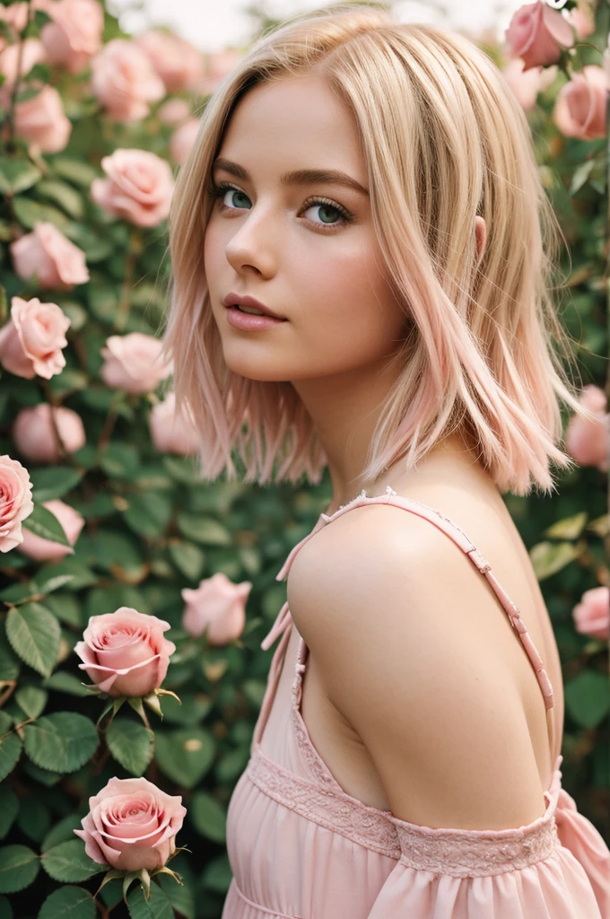 8k, RAW photo, Fujifilm, style photo of a beautiful young woman as avril in a garden of light pink roses (highly detailed skin: 1.2) Style-Petal BREAK short hair, blonde hair with colored locks, wearing a dress, film granulation, 35mm, cute style