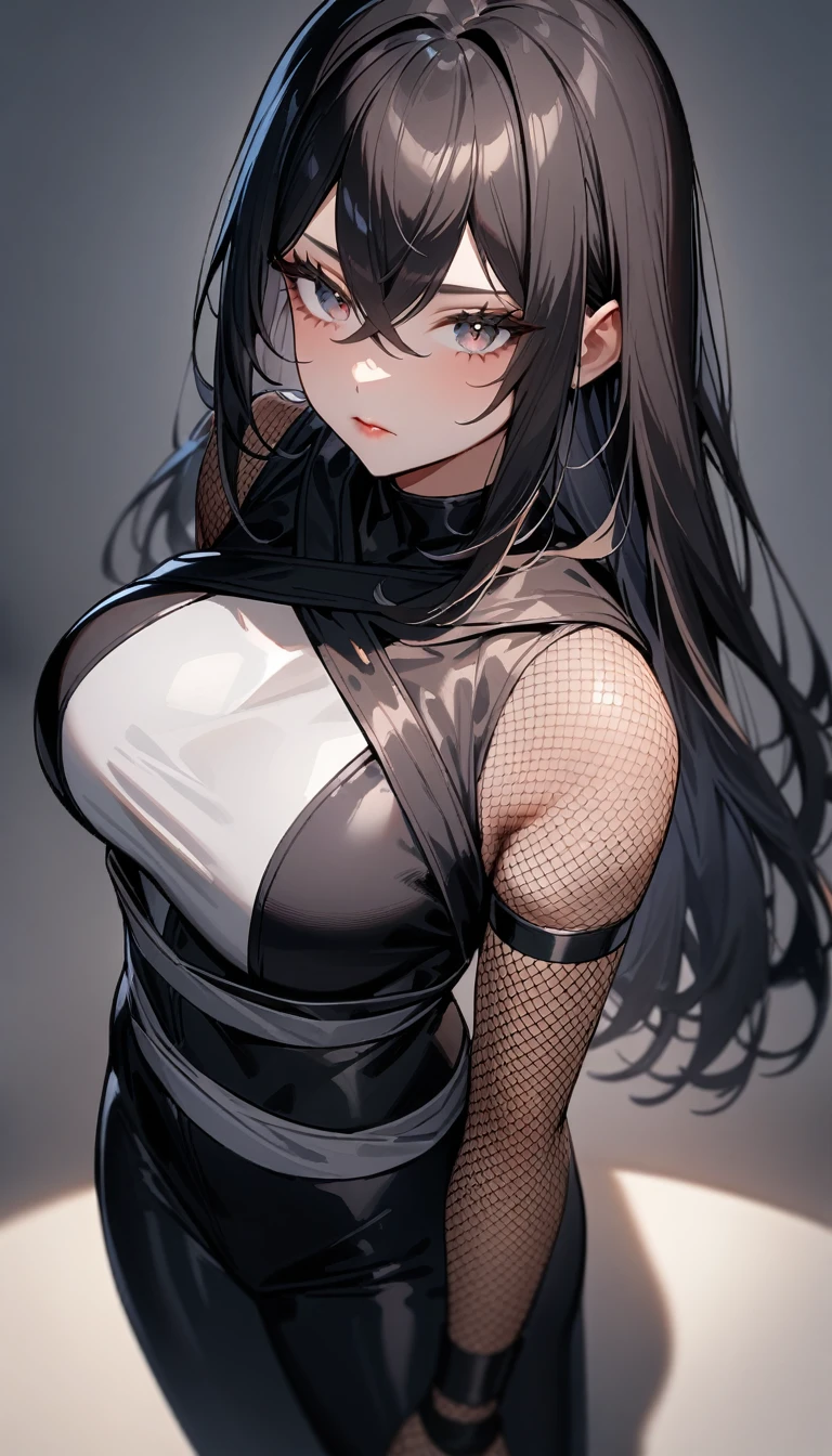 1girl,solo,super detailed skin,shiny skin,gleaming skin,detailed face,expressionless,black hair,long hair,crossed bangs,deep detailed eyes,eyelashes,lips gloss,large breasts,body suit,Shinobi clothes,fishnet arms,standing ,model pose,shadow magic,simple background ,masterpiece,best quality,ultra detailed,high resolution,sharp focus
