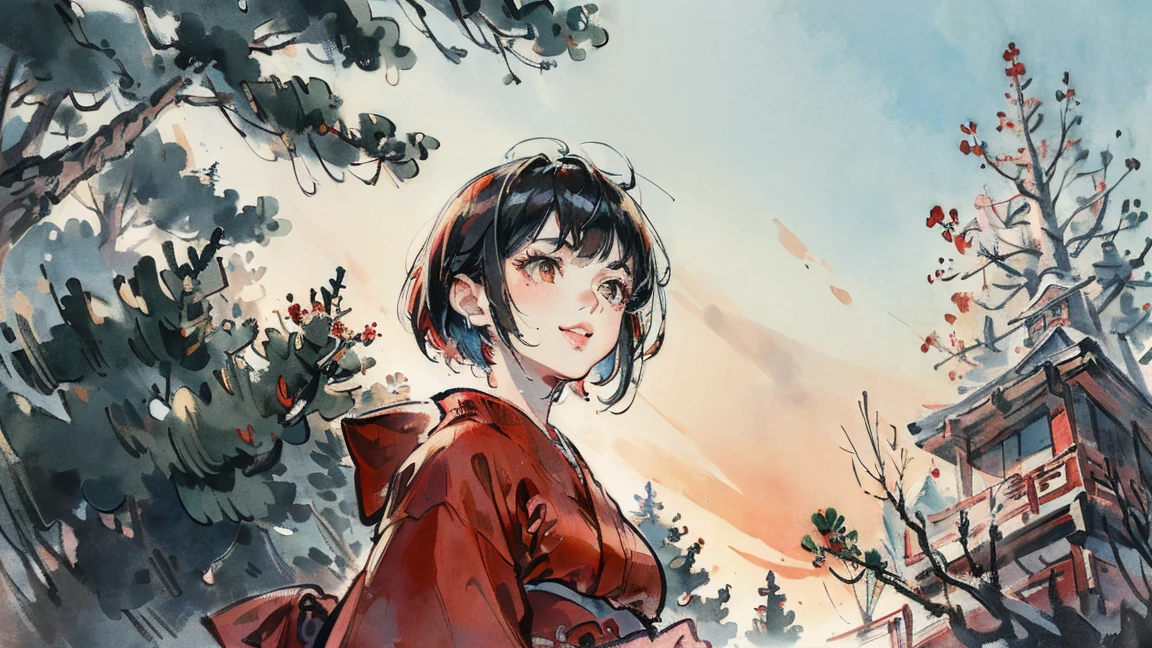 (((beautiful girl))), (((red cheek))),(((Pixie Cut))) ,(((light smile))),(((Gazing Skyward))),(((Gazing away))), (((Giant Pine Tree))), (((Riverside))), (((shoot from below))),(((from side))),(((morning)))  (Lips are red:1.5),20-year-old, Watercolor, masterpiece, Highest quality, Very delicate and beautiful girl,Very delicate and beautiful, world masterpiece theater, Super detailed, Very detailedな, Highest quality,(((fancy red kimono)))。 (((Black Hair))), (((Black Hair))), (((Black Hair))), (((Upper Body))),  High resolution, Very detailed,5 girls, Highest quality, figure, masterpiece, Highest quality, Accuracy, A woman in her twenties from the late Edo period, He has a modern anime-like face.