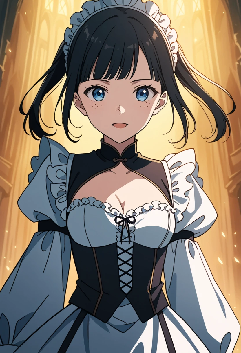 score_9, score_8_up, score_7_up, source_anime, best quality, high resolution, masterpiece, absurdres,vector trace,anime screencap, key art style, cinematic lighting, morning, 1girl, solo, standing, (upper body, close-up), medieval, dark background, ballroom, maid, happy, french maid outfit, cleavage, freckles, twin-tails, teenager, medium breasts, eccentric, black hair, blue eyes, :D, hand against skirt