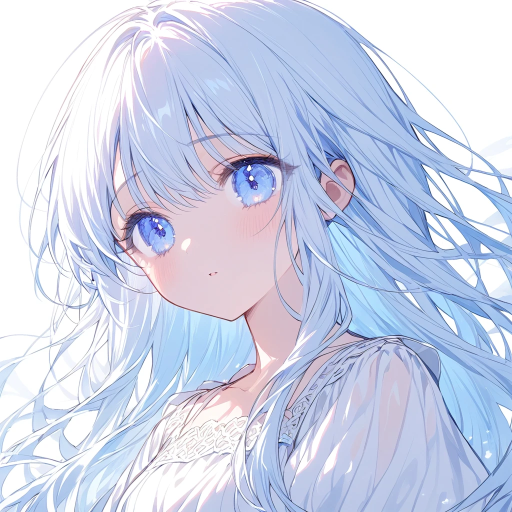Soft lines、girl、light blue、light blueの花束を抱える、Upper Body、Long Hair、White dress、White background、front