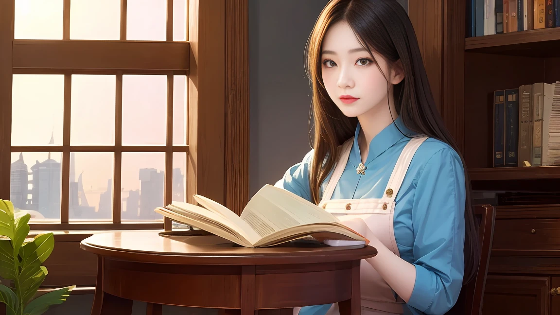 First-class quality，8K resolution，masterpiece，Fresh，half body shot，Chinese *********** bows her head to read a book，Sitting at the table，Fashion suspender top，Fair skin，Bright colors，Summer Night，The background is a window，Night view outside the window