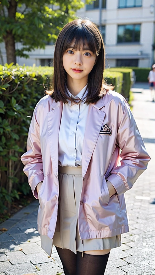(8k、RAW Photos、Highest quality、masterpiece:1.2)、(Realistic、Realistic)、1 Girl、((mini skirt、whole body、Pink Blazer、チェック uniform、Navy Socks、loafers、garden、View from the front、Looking at the camera、Hands on your hips))、cute