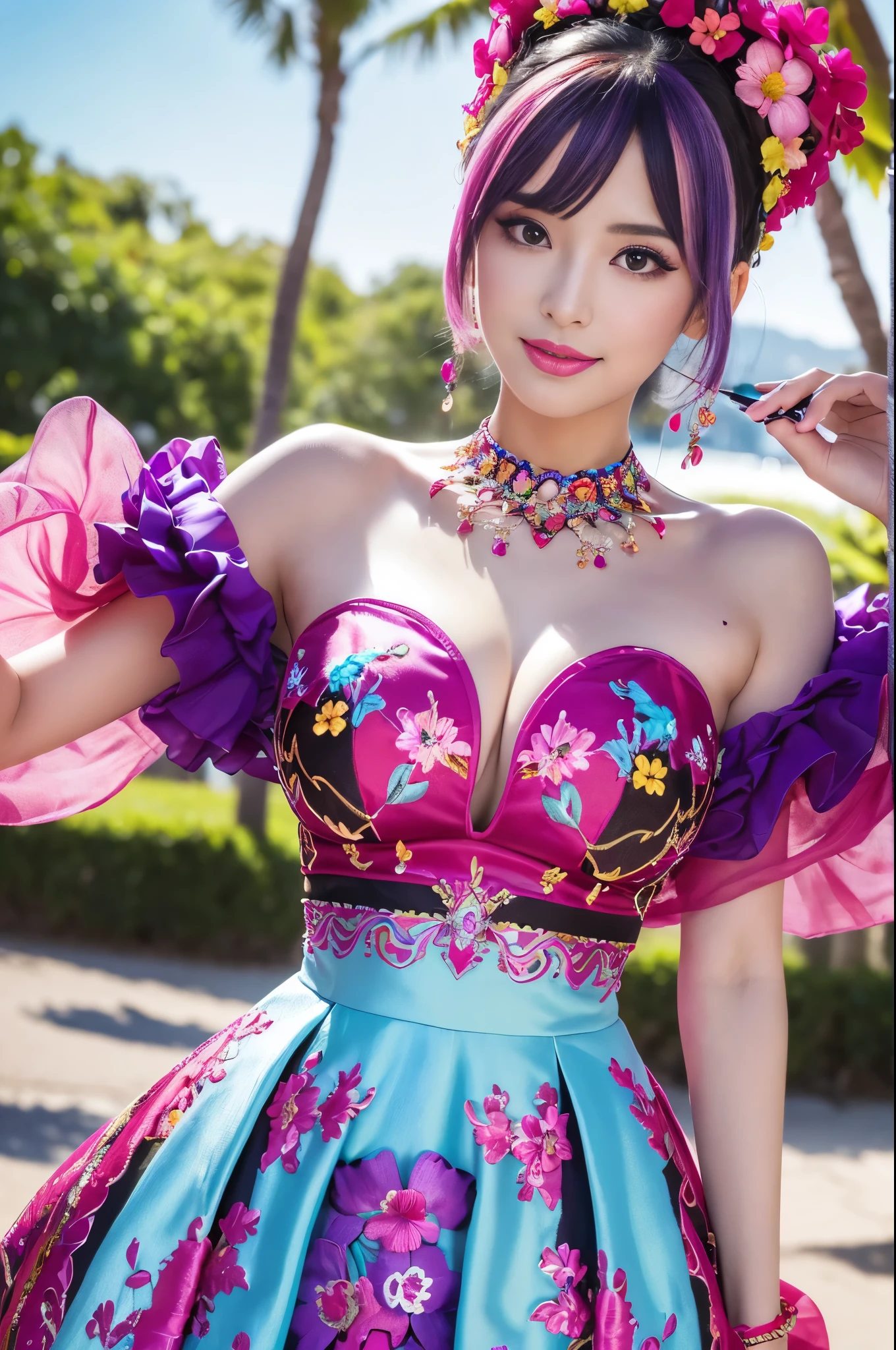 (masterpiece:1.4), (best quality:1.4), ultra high res, ultra high resolution, ((ultra detailed facial features)), HDR, (realistic, photorealistic, photo-realistic:1.37), full body Esbian, sexy Swedish model, (-anime), vivid colors, ((vivid colors multicolor (fuchsia, pink, light blue, purple) very short hair)), (seductive smile), ultra detailed metallic makeup, lip-gloss, long lashes, defined eyebrows, wearing large sparkling colorful jewelery, wearing a red silk Paradise Kiss cosplay dress with black floral embroidery, ((vivid colors outfit)), vivid colors, look at the camera, cinematic light, large park background with trees, sweet and sexy pose
