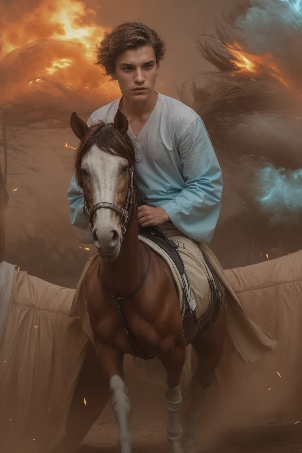 A young male twink, 19 years old, with a cute angel face, with makeup and black hair, wearing a medieval shirt with ties, a v-neck, and long sleeves, aquamarine in color, and white medieval pants. He is on the battlefield, riding on a horse, as if the horse is galloping. He is holding a sword up and his shield in his other hand, and behind him are tents burning with flames of fire, and he looks angrily.