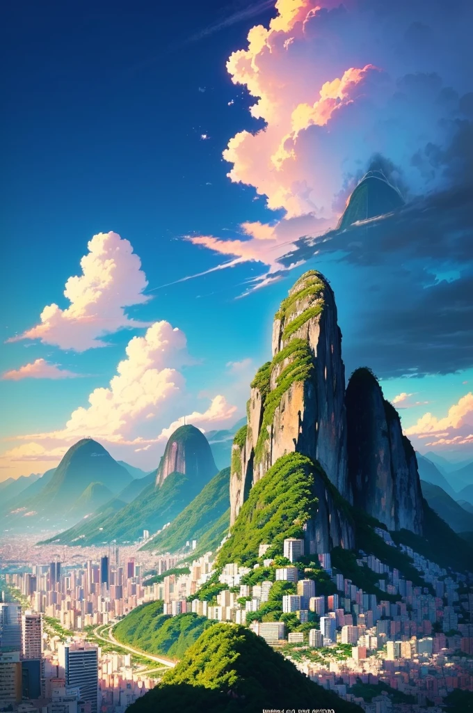 a view of a city with a mountain in the background, rio de janeiro in an anime film, anime scenery, beautifull puffy clouds. anime, beautiful anime scene, beautiful anime scenery, today's featured anime still, anime scene, screenshot from the anime film, colorful anime movie background, anime movie background, anime landscape, screenshot from a 2012s anime