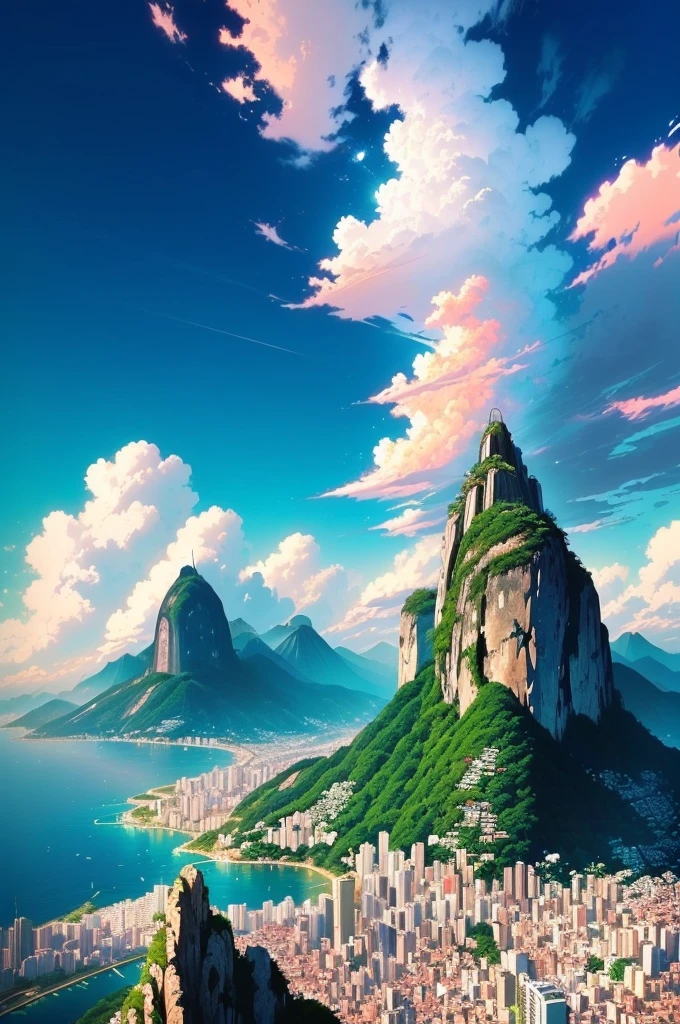 a view of a city with a mountain in the background, rio de janeiro in an anime film, anime scenery, beautifull puffy clouds. anime, beautiful anime scene, beautiful anime scenery, today's featured anime still, anime scene, screenshot from the anime film, colorful anime movie background, anime movie background, anime landscape, screenshot from a 2012s anime