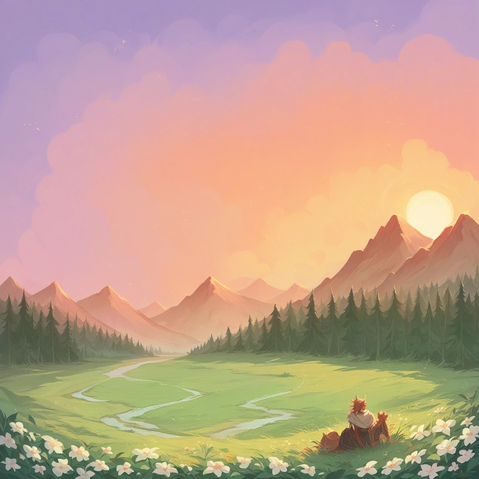 A beautiful sunset over a mountain surrounded by a forest and a field
