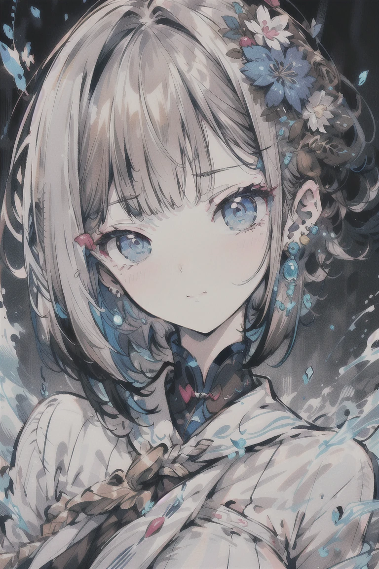 (best quality), (Super detailed), (Best Illustration), (masterpiece), score_9, score_8_up, score_7_up, (4k), (1woman), (white serafuku), (large breasts), {brown hair, (sideburns), (bob cut:1.3), curly hair, hairs between eyes, colored inner hair}, blue eyes, parted lips, expressionless, blush, earring,
