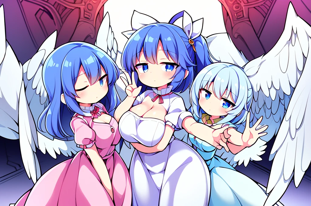 (best quality,4k,8k,highres,masterpiece:1.2), top-quality(masterpiece), top-quality, ultra-detailed, highly detailed texture, intricate details, high quality textures, A cute age angel with blue eyes, big pink ribbon in her hair, drawn in anime style, 1girl, (((1girl in))), , 10 y(loli))), ((child), medium blue hair, hair flaps, pink ribbon on head, well-formed face, Beautiful face, blue eyes, pretty eyes, angel girl, white blouse, puffy short sleeves, red ribbon, angel wings, long white skirt, red shoes, frills, ribbon head, A pair of angel wings on the back, clean line drawings, cute, perfect symmetrical face, from behind, to lift up one’s skirt, cowboy shot, from front, standing , raise one leg, crossed arms, arms up behind, arms behind back, hand between legs, put hands hip, one hand on hip, forward hands, arms raised in the air, punch hands, peace sign, waving, put up index finger, sit, lie down, closed eyes, lie face down, looking back, put one hand chest, leaning forward, cleavage, close up, horizontally outstretched arms, horizontally outstretched legs, front view, front face, huge breasts for short stature, cleavage is clearly visible ,G-Cup