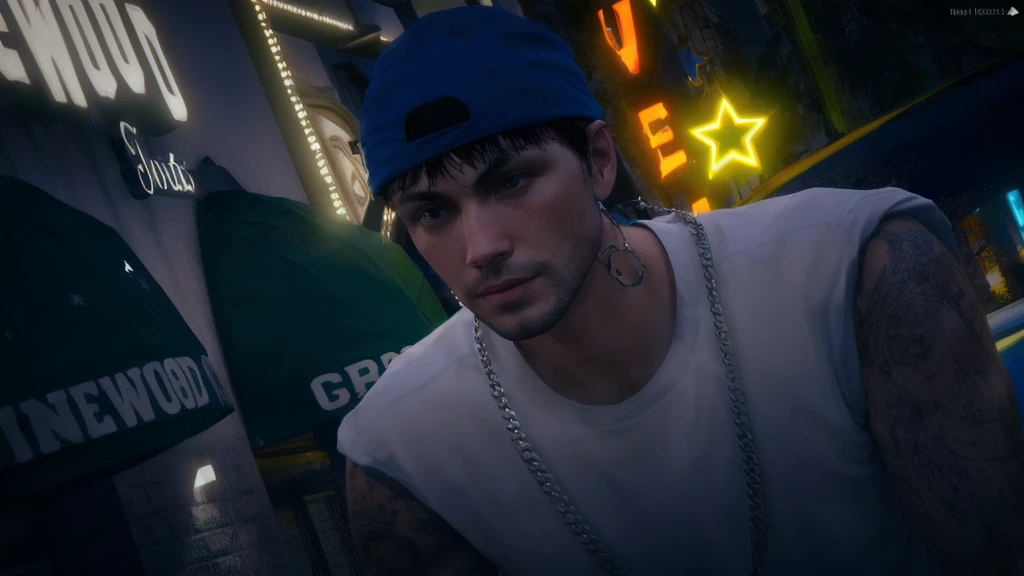 there is a man with a blue hat and a chain around his neck, photo-realistic low lighting, realistic
