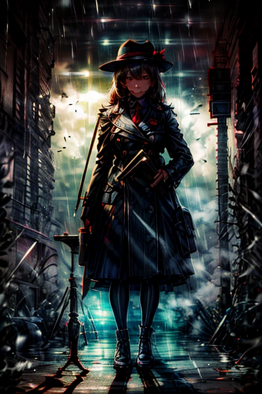 best quality, masterpiece,Girl, detective, loupe, hat, trench coat, magnifying glass, notebook, pen, mystery, night, street lamp, shadow, retro, vintage, binoculars, London, rain, fog, darkness, suspense, evidence, alibi, deduction, silhouette, crime scene, mystery solving, sharp eyes, bag, cat, watch, key.