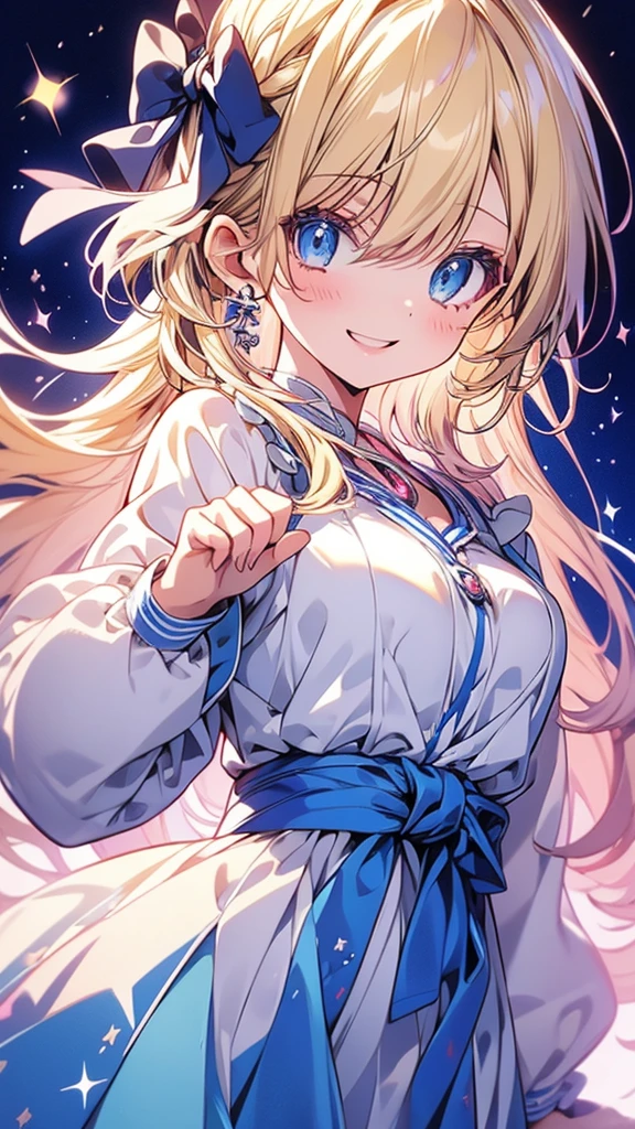 High resolution, Highest quality, Shortcuts, chest, smile, Close-up, Hair ties, Sparkle Effect, anime, anime風, Character Design, One girl, bangs, blue eyes, Blonde,