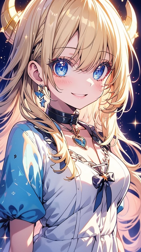 High resolution, Highest quality, Shortcuts, chest, smile, Close-up, Hair ties, Sparkle Effect, anime, anime風, Character Design, One girl, bangs, blue eyes, Blonde,