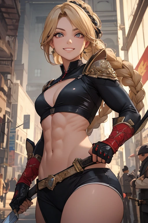 A beautiful blonde woman with three braids and deep red eyes, gazing condescendingly at the viewer with a cute grinning expression, extremely detailed and realistic, masterpiece quality, ultra-detailed, HDR, studio lighting, vivid colors, physically-based rendering, thick muscular thighs,A thief holding a knife and taking a fighting stance、Accurate thief costume