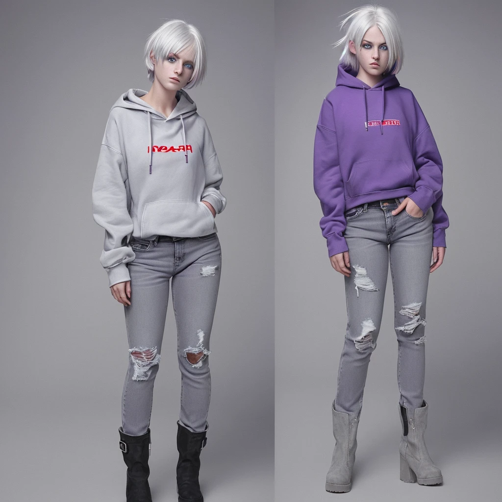 White hair, purple right eye, red left eye, hoodie over , open front of hoodie, short hair, cute sleeves, purple halo, grey boots, denim jeans, expressionless, shotgun sling hanging from shoulder, heterochromatic eyes, , 140cm tall, , 1 person, school, blue_archive