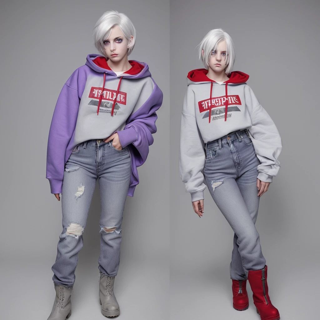 White hair, purple right eye, red left eye, hoodie over , open front of hoodie, short hair, cute sleeves, purple halo, grey boots, denim jeans, expressionless, shotgun sling hanging from shoulder, heterochromatic eyes, , 140cm tall, , 1 person, school, blue_archive