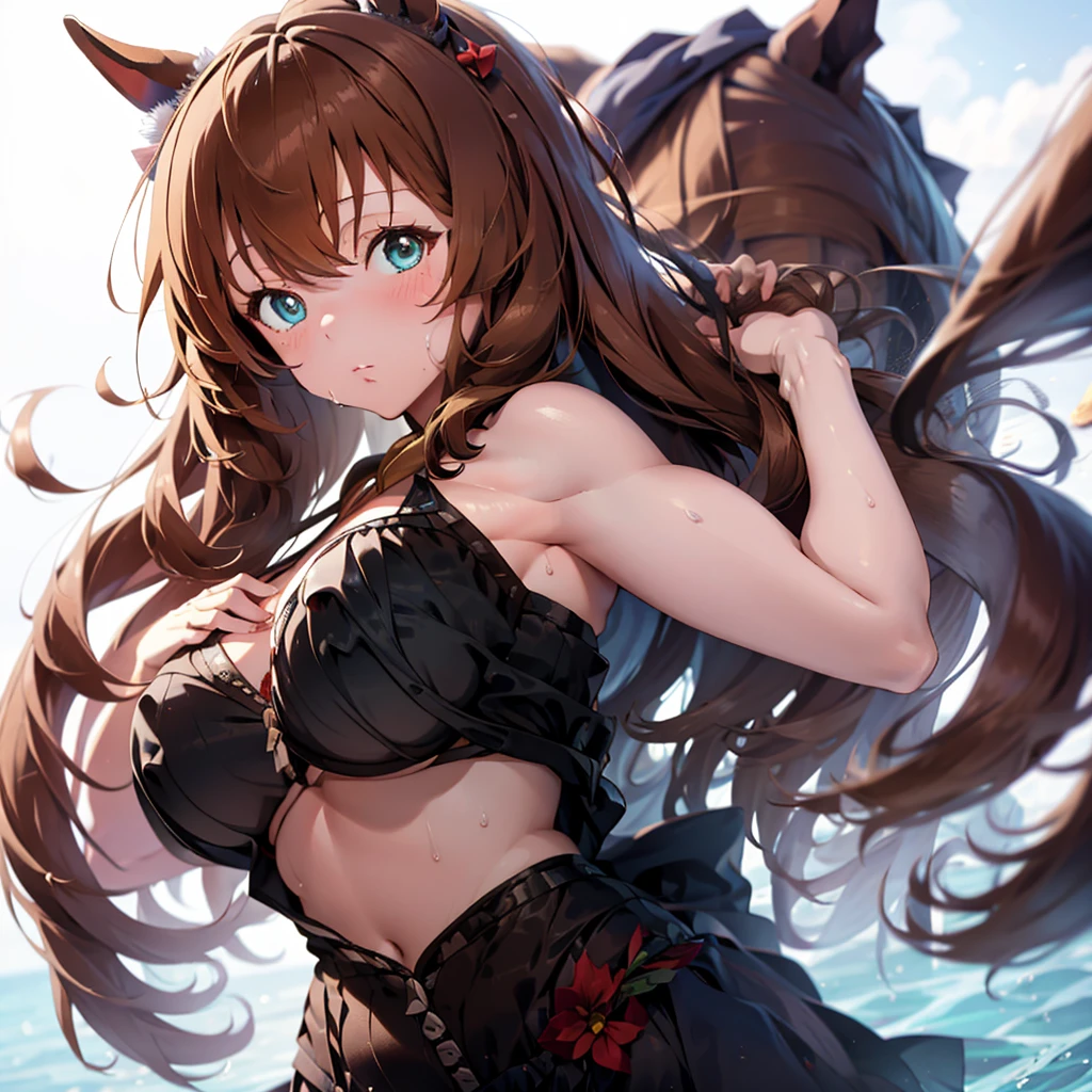 a female anime character with large breasted breasts with long hair holding them, 1girl, nipples, breasts, horse ears, solo, animal ears, brown hair, large breasts, swimsuit, blush, white background, simple background, bikini, horse girl, upper body, sweat, long hair