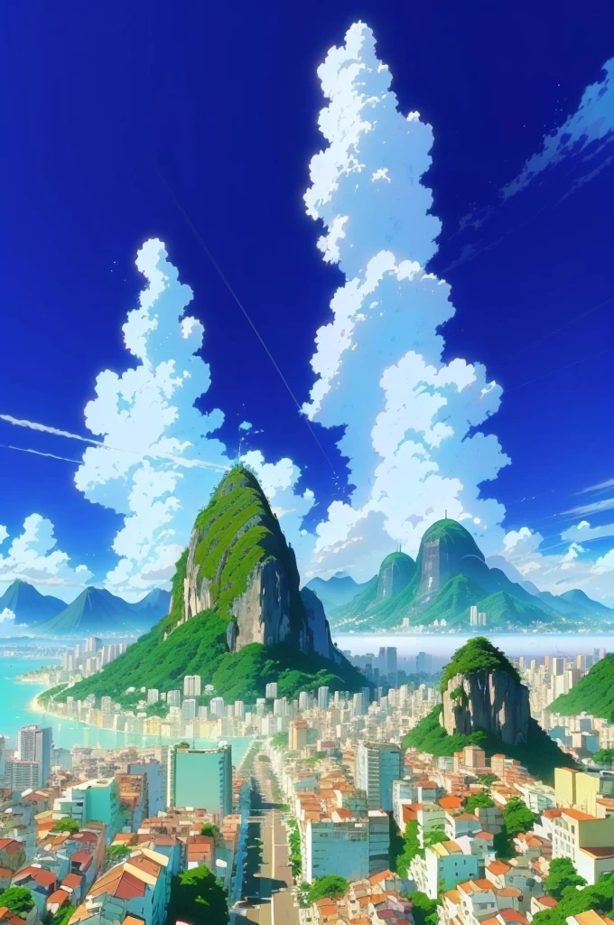 a view of a city with a mountain in the background, rio de janeiro in an anime film, anime scenery, beautifull puffy clouds. anime, beautiful anime scene, beautiful anime scenery, today's featured anime still, anime scene, screenshot from the anime film, colorful anime movie background, anime movie background, anime landscape, screenshot from a 2012s anime