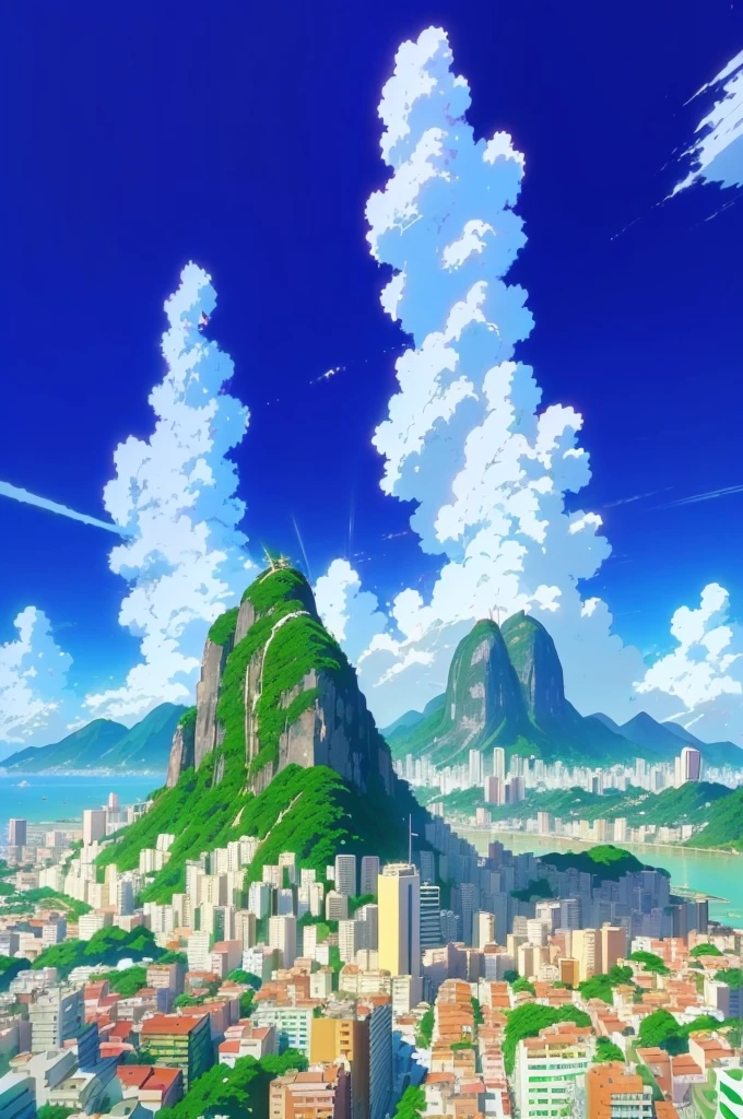 a view of a city with a mountain in the background, rio de janeiro in an anime film, anime scenery, beautifull puffy clouds. anime, beautiful anime scene, beautiful anime scenery, today's featured anime still, anime scene, screenshot from the anime film, colorful anime movie background, anime movie background, anime landscape, screenshot from a 2012s anime
