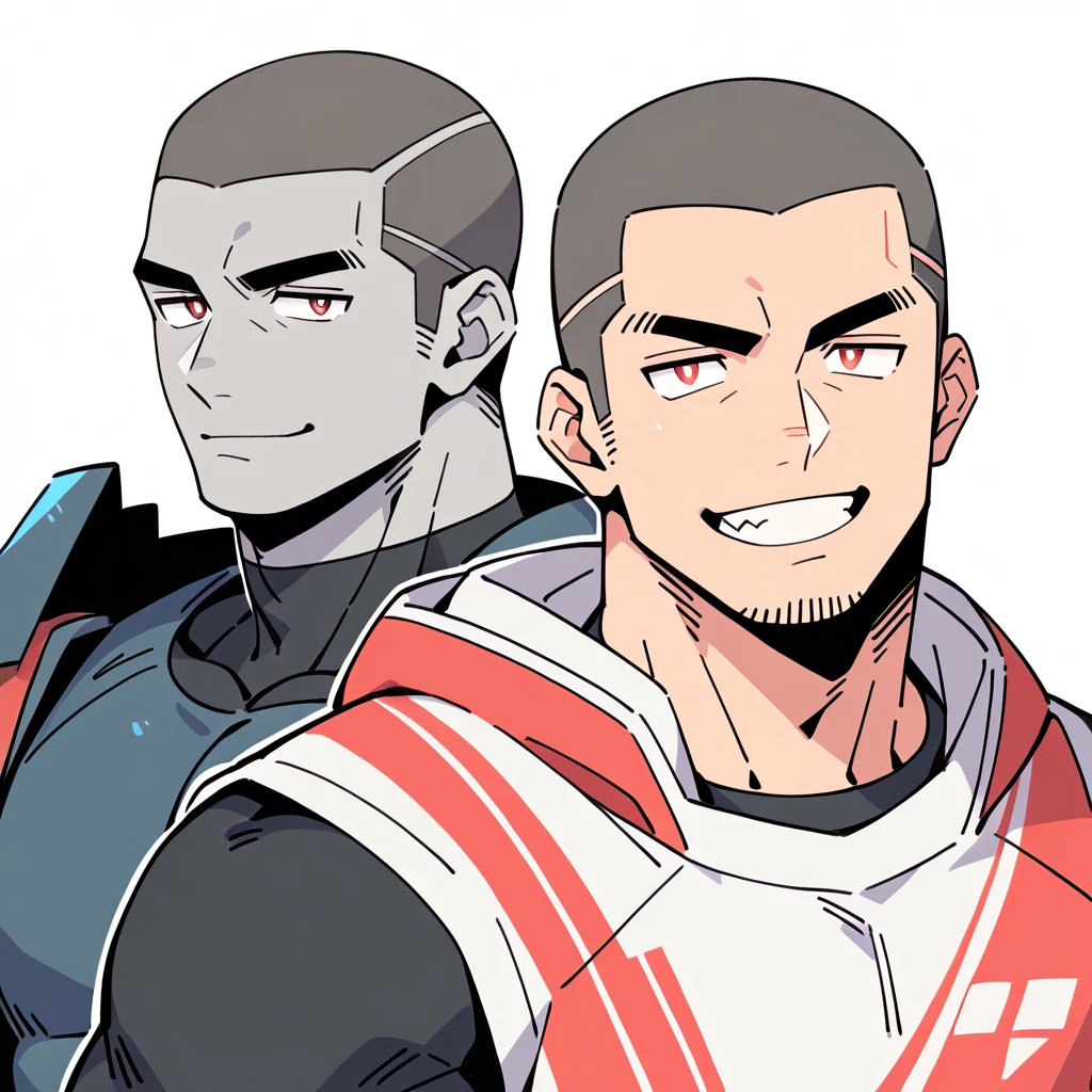 anime characters：Priapus, Dark Grey Skin Muscle Sports Student, Buzz Cut, Manliness, male focus, Sports tight hooded sweatshirt, Under Armour Brand, Wear a high-necked tights underneath, Very tight, full and perky chest muscles, muscular male, muscular, only, Upper body, alone, Red short hair, Thick eyebrows, stubble, Brown-red pupils, White background, simple background, amazing quality, best aesthetics, Ridiculous, crew cut, smirk, bright pupils, grin, negative space, negative space, best quality