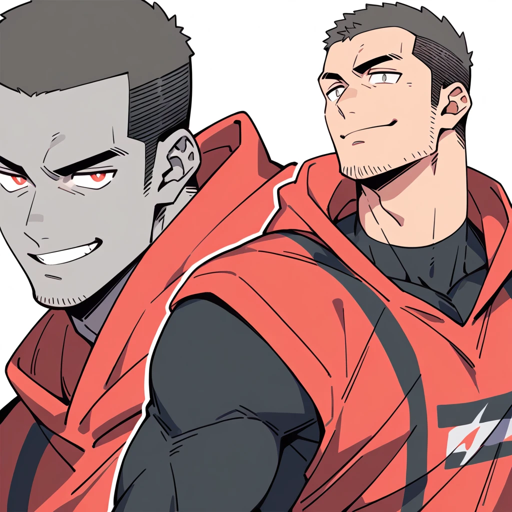 anime characters:Priapus, Dark Grey Skin Muscle Sports Student, Buzz Cut, Manliness, male focus, Sports tight hooded sweatshirt, Under Armour Brand, Wear a high-necked tights underneath, Very tight, full and perky chest muscles, muscular male, muscular, only, Upper body, alone, Red short hair, Thick eyebrows, stubble, Brown-red pupils, White background, simple background, amazing quality, best aesthetics, Ridiculous, crew cut, smirk, bright pupils, grin, negative space, negative space, best quality