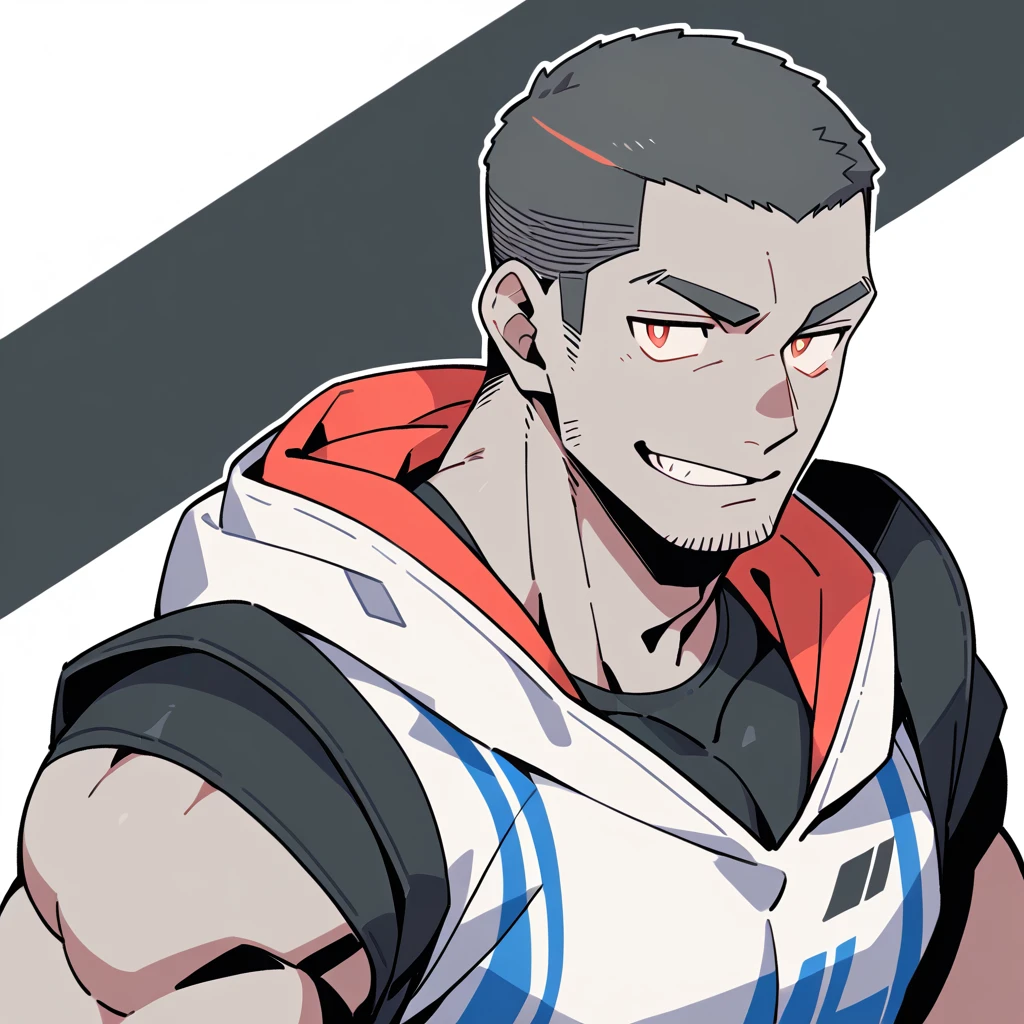 anime characters:Priapus, Dark Grey Skin Muscle Sports Student, Buzz Cut, Manliness, male focus, Sports tight hooded sweatshirt, Under Armour Brand, Wear a high-necked tights underneath, Very tight, full and perky chest muscles, muscular male, muscular, only, Upper body, alone, Red short hair, Thick eyebrows, stubble, Brown-red pupils, White background, simple background, amazing quality, best aesthetics, Ridiculous, crew cut, smirk, bright pupils, grin, negative space, negative space, best quality