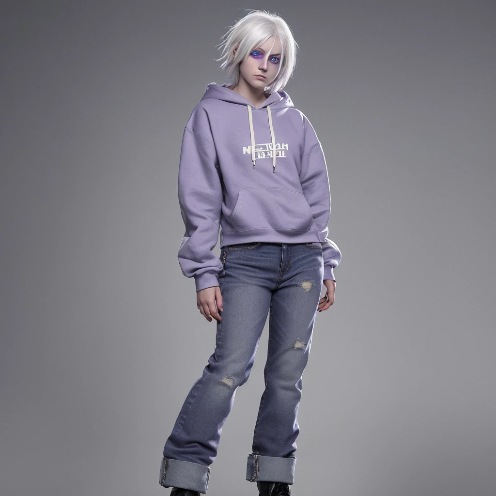 White hair, purple right eye, red left eye, hoodie over , open front of hoodie, short hair, cute sleeves, purple halo, grey boots, denim jeans, expressionless, shotgun sling hanging from shoulder, heterochromatic eyes, 16 years old, 140cm tall, , 1 person, school, blue_archive