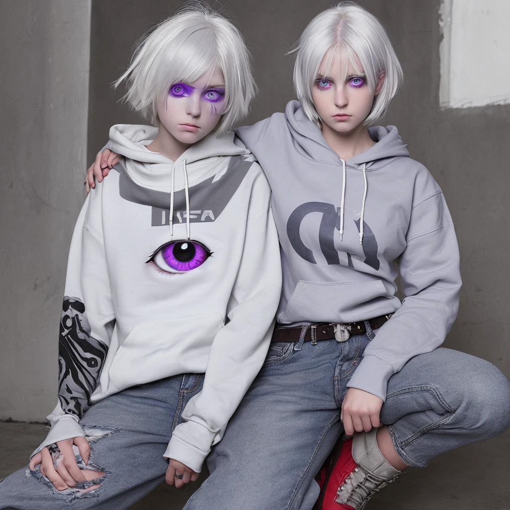 White hair, purple right eye, red left eye, hoodie over , open front of hoodie, short hair, cute sleeves, purple halo, grey boots, denim jeans, expressionless, shotgun sling hanging from shoulder, heterochromatic eyes, , 140cm tall, , 1 person, school, blue_archive