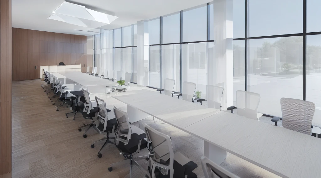 there are many chairs and tables in a room with large windows, rendered in enscape, rendered in unreal engine 3d, rendered in cgi, rendered in unreal engine 3, cubical meeting room office, cg rendering, in a meeting room, low angle dimetric rendering, rendered in lumion pro, enscape render, rendered image, semi - realistic render