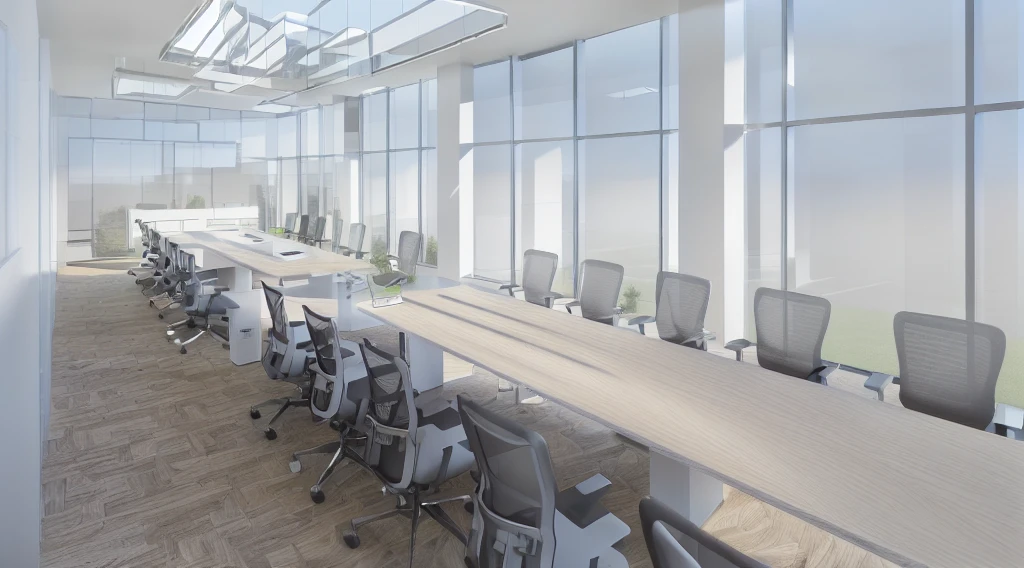 there are many chairs and tables in a room with large windows, rendered in enscape, rendered in unreal engine 3d, rendered in cgi, rendered in unreal engine 3, cubical meeting room office, cg rendering, in a meeting room, low angle dimetric rendering, rendered in lumion pro, enscape render, rendered image, semi - realistic render