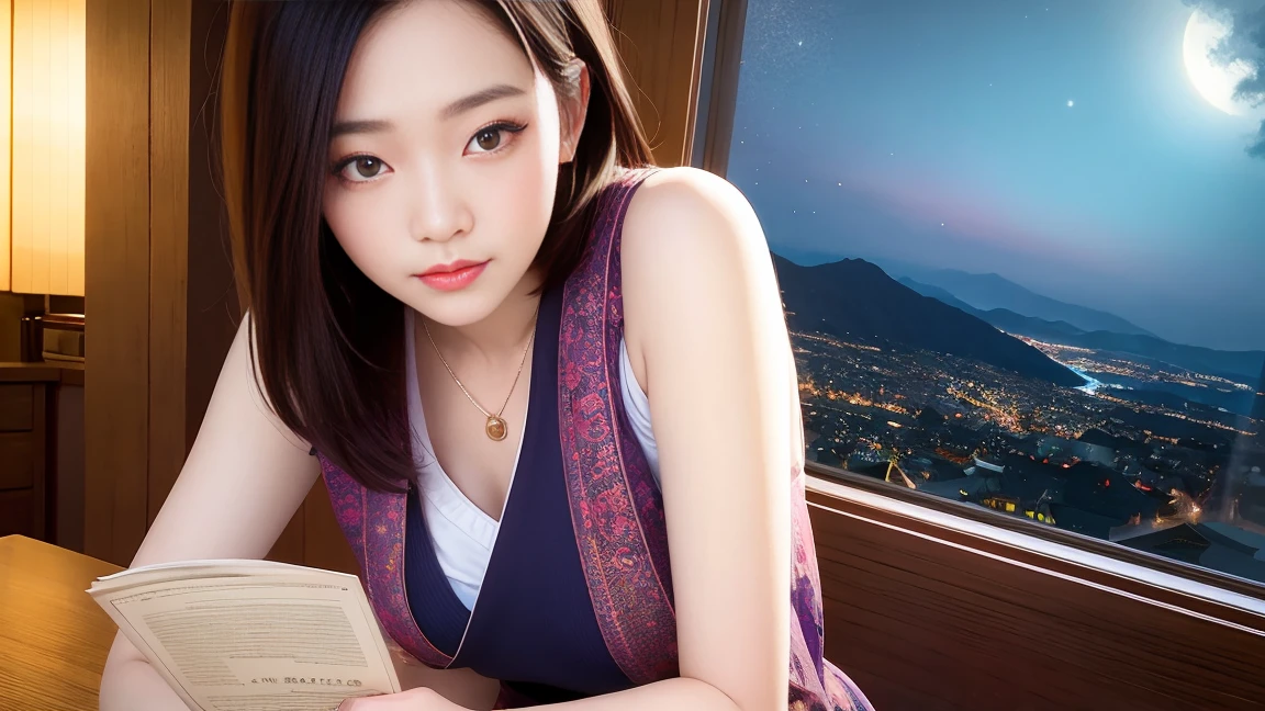 First-class quality，8K resolution，masterpiece，Fresh，Close-up shot，Chinese *********** bows her head to read a book，Sitting at the table，Fashion suspender top，Fair skin，Bright colors，Summer Night，The background is a window，Night view outside the window