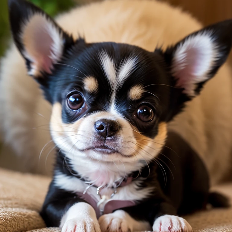 Puppy long coat chihuahua。Deform your face with a fisheye effect。 Cute expression。 Angle from the same perspective as the animals。The background is also realistic。Intricate details。8k。