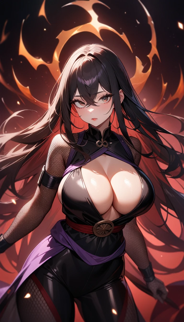 1girl,solo,super detailed skin,shiny skin,gleaming skin,detailed face,expressionless,black hair,long hair,crossed bangs,deep detailed eyes,eyelashes,lips gloss,large breasts,body suit,Shinobi clothes,fishnet arms,standing ,dark magic,simple background ,masterpiece,best quality,ultra detailed,high resolution,sharp focus