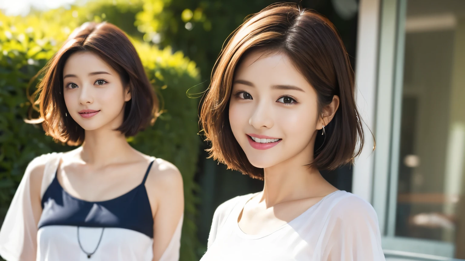 super high quality, smile, Slenderのネックレス, Slender, Gravure photoshoot, The staff is working at the counter in the back., (8k、RAW Photos、Highest quality、masterpiece:1.2), Japanese Idol, Stylish café, (Realistic、Photorealistic:1.37), Mesh Hair, Urban Cafe, Golden Ratio, Raw photo, Cute face , Light Brown Hair, Small breasts, Bright cafe interior, Blurred Background, Summer clothes, Beautiful hairstyle, Photographed inside the cafe, Hair blowing in the wind, Neat clothes, T-Shirts, Very Short Hair, 18-year-old, Stylish clothes,