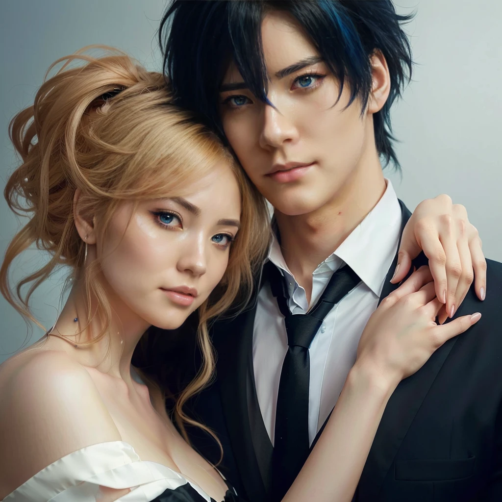 anime couple in formal attire posing for a picture with blue eyes, detailed digital anime art, artwork in the style of guweiz, charlie bowater and artgeem, stunning art style, artgerm and genzoman, romance novel cover, lovely couple, anime style 4 k, digital anime art, neoartcore and charlie bowater, stunning anime face portrait