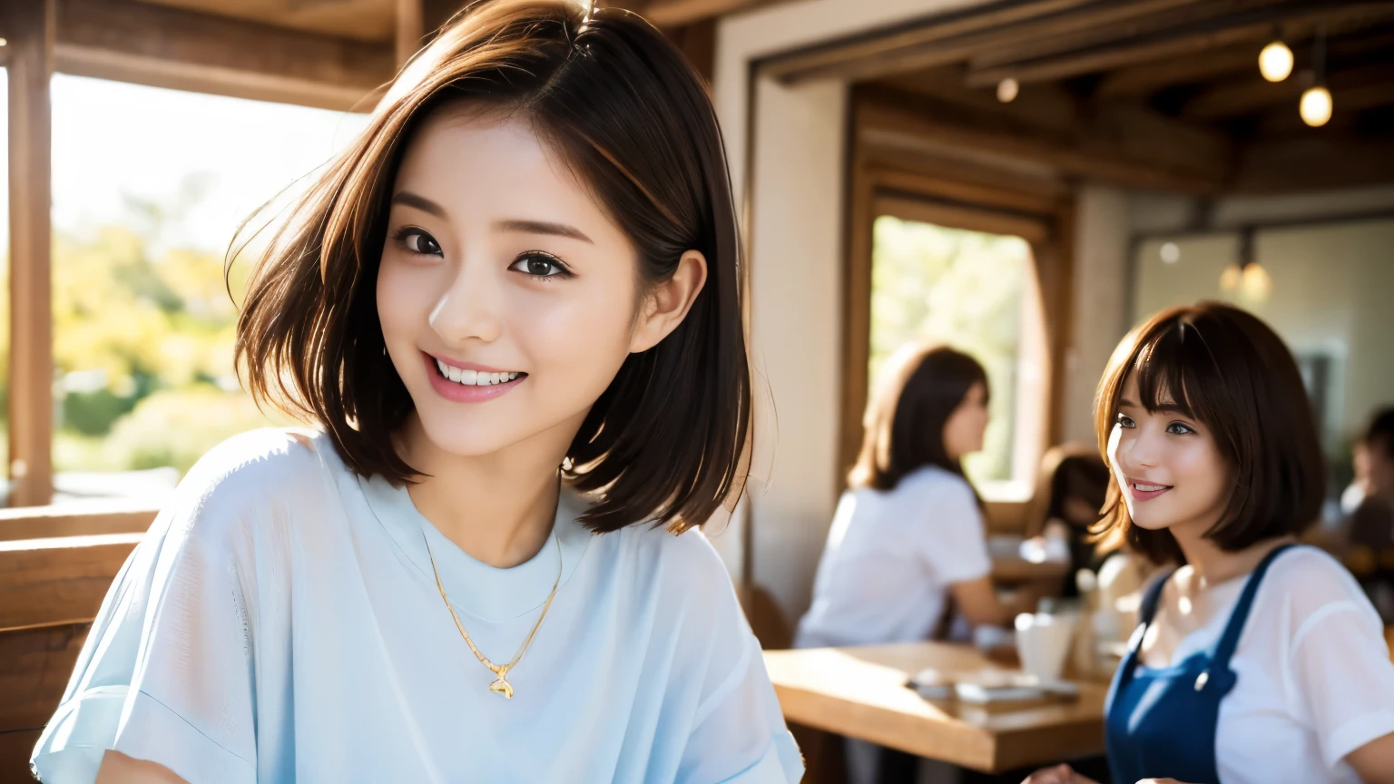 super high quality, smile, Slenderのネックレス, Slender, Gravure photoshoot, The staff is working at the counter in the back., (8k、RAW Photos、Highest quality、masterpiece:1.2), Japanese Idol, Stylish café, (Realistic、Photorealistic:1.37), Mesh Hair, Urban Cafe, Golden Ratio, Raw photo, Cute face , Light Brown Hair, Small breasts, Bright cafe interior, Blurred Background, Summer clothes, Beautiful hairstyle, Photographed inside the cafe, Hair blowing in the wind, Neat clothes, T-Shirts, Very Short Hair, 18-year-old, Stylish clothes,