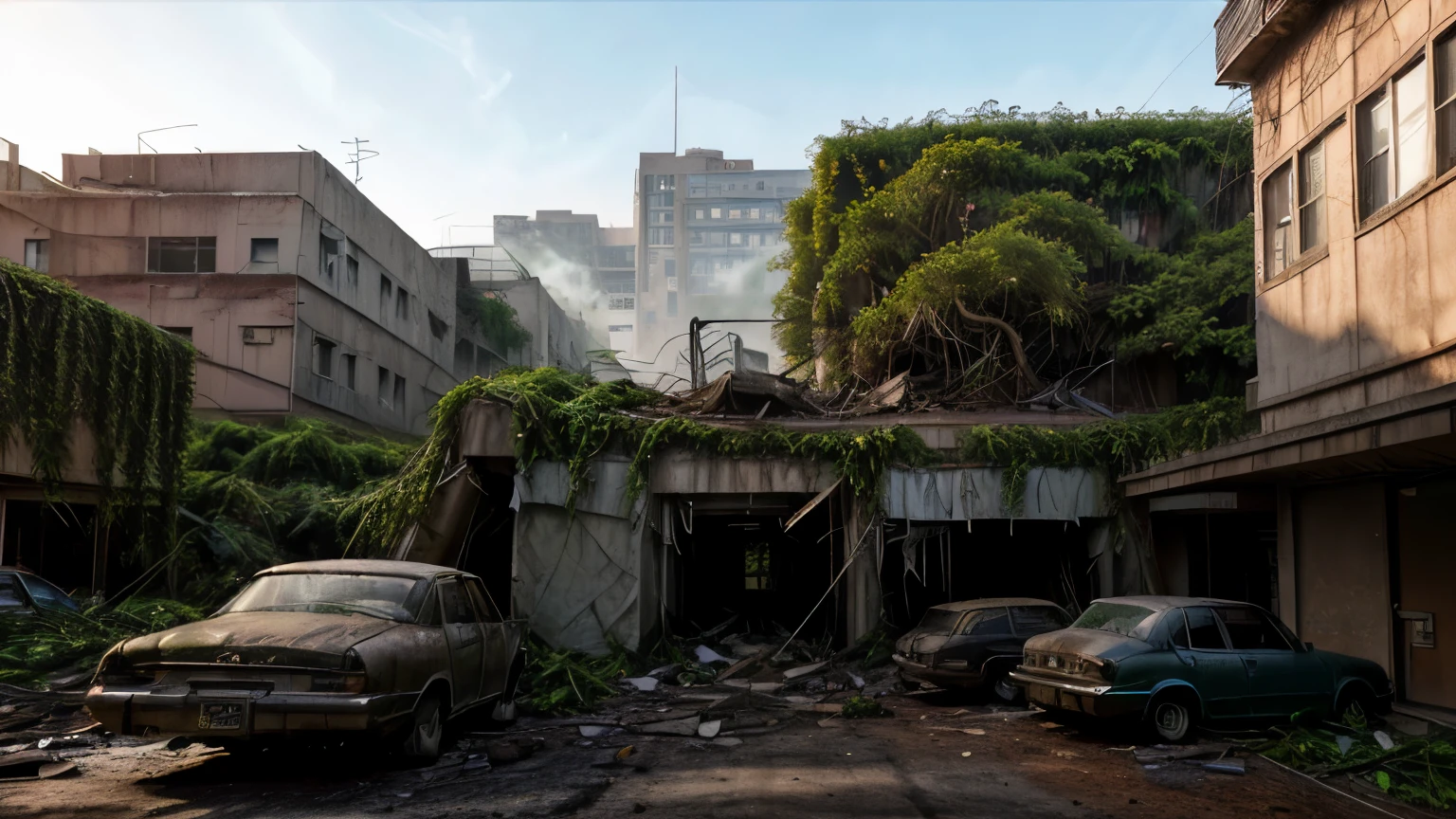 The photograph shows an apocalyptic street view of a financial center 150 years after the fall of human civilization. The buildings and streets are ruined and covered with lush vegetation up to the roof. There are rusty car wrecks staying in disarray on the street, also overgrown with vegetation. The whole is illuminated by sharp sunlight creating an interesting chiaroscuro, and in the distance there is a delicate blue morning mist.