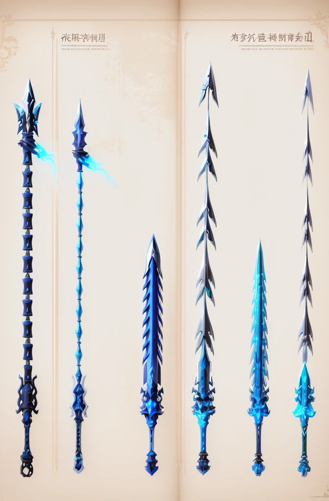 Several different types of weapons lined up in a row, Spear, weaponry concept designs, 错综复杂的幻想Spear, Weapon Concept Art, Weapon concept art, Gorgeous spikes, Long spikes, epic fantasy weapon art, Weapon Design, Fantasy RPG Weapon Art, World of Warcraft Blizzard Weapon Art, spine, Sword weapons, POLEARM glaive, Sword Design, POLEARM