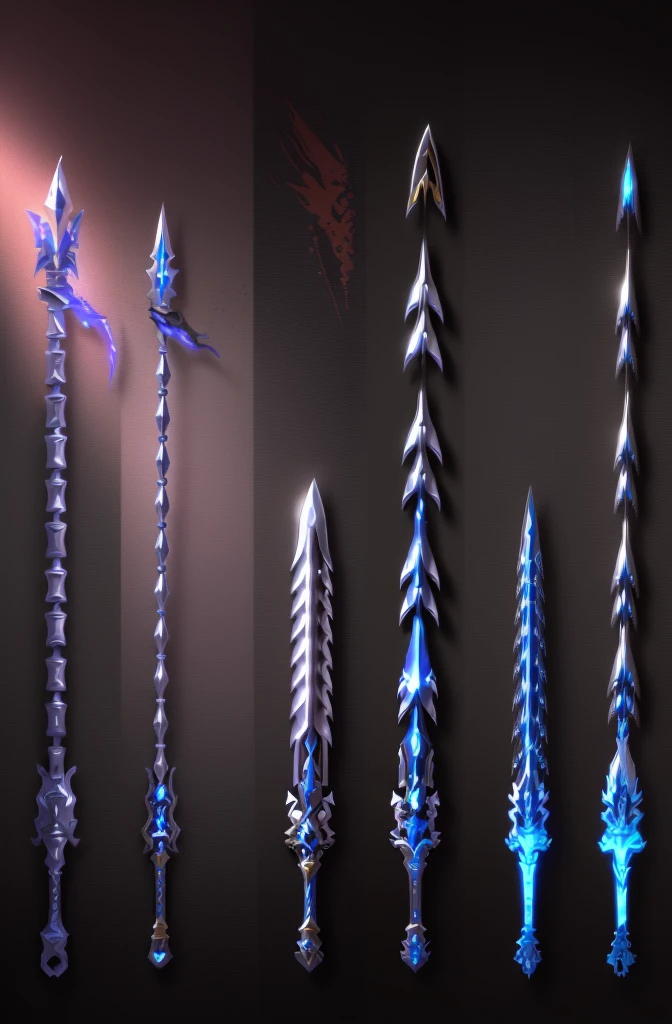 Several different types of weapons lined up in a row, Spear, weaponry concept designs, 错综复杂的幻想Spear, Weapon Concept Art, Weapon concept art, Gorgeous spikes, Long spikes, epic fantasy weapon art, Weapon Design, Fantasy RPG Weapon Art, World of Warcraft Blizzard Weapon Art, spine, Sword weapons, POLEARM glaive, Sword Design, POLEARM