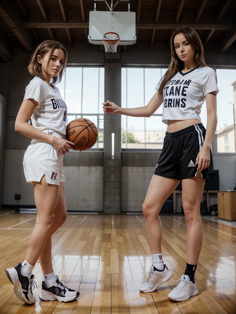 2 jolies femmes, une femme avec les cheveux noirs, l'autre femme avec les cheveux bruns, en tenue de basketball, avec un ballon de basket, avec un panier de basket derrière, short et t shirt de basket, les 2 femmes se regardent dans les yeux