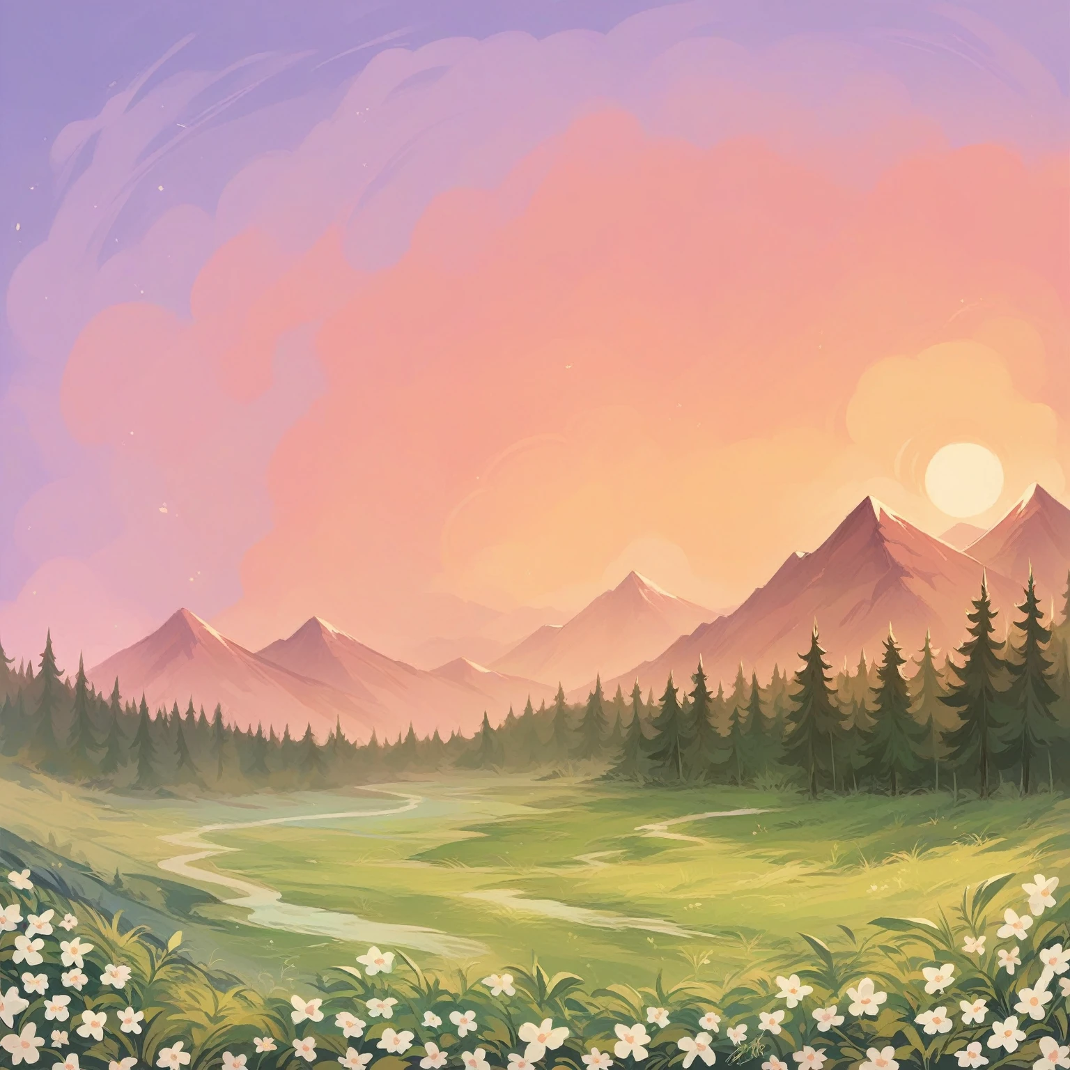A beautiful sunset over a mountain surrounded by a forest and a field