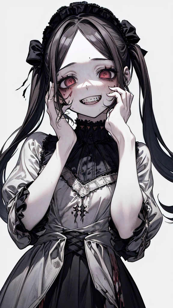 (Masterpiece: 1. 2, top quality), (live action, elaborate detail), (anatomically correct), (one girl, small breasts, open eyes, scary atmosphere, gothic lolita outfit, distorted expression, evil smile, bloody eyes, blood splatter, full body, twin tails, black hair, (dark circles under eyes), white, morbid, crazy eyes, ( grin), dramatic makeup, mixed media art, white background
